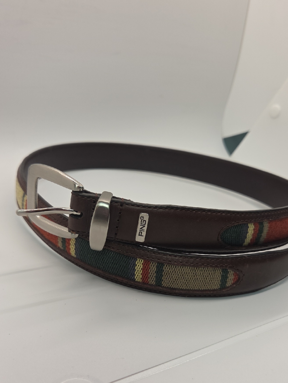 Ping Brown Leather Belt with Multicolor Woven Accents 36